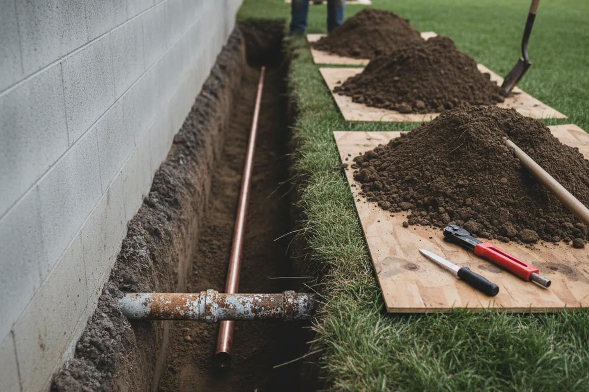 Excavated water line trench during Water Heater Repair in Banner Elk